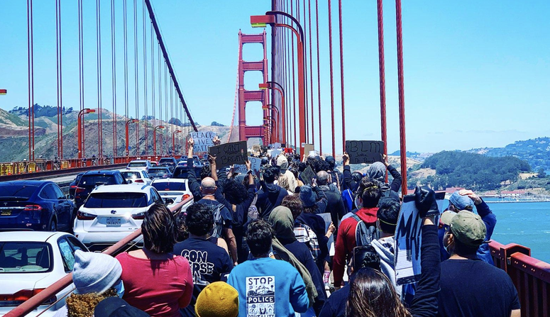 Protesters march across the Golden Gate Bridge in support of the Black Lives Matter movement.